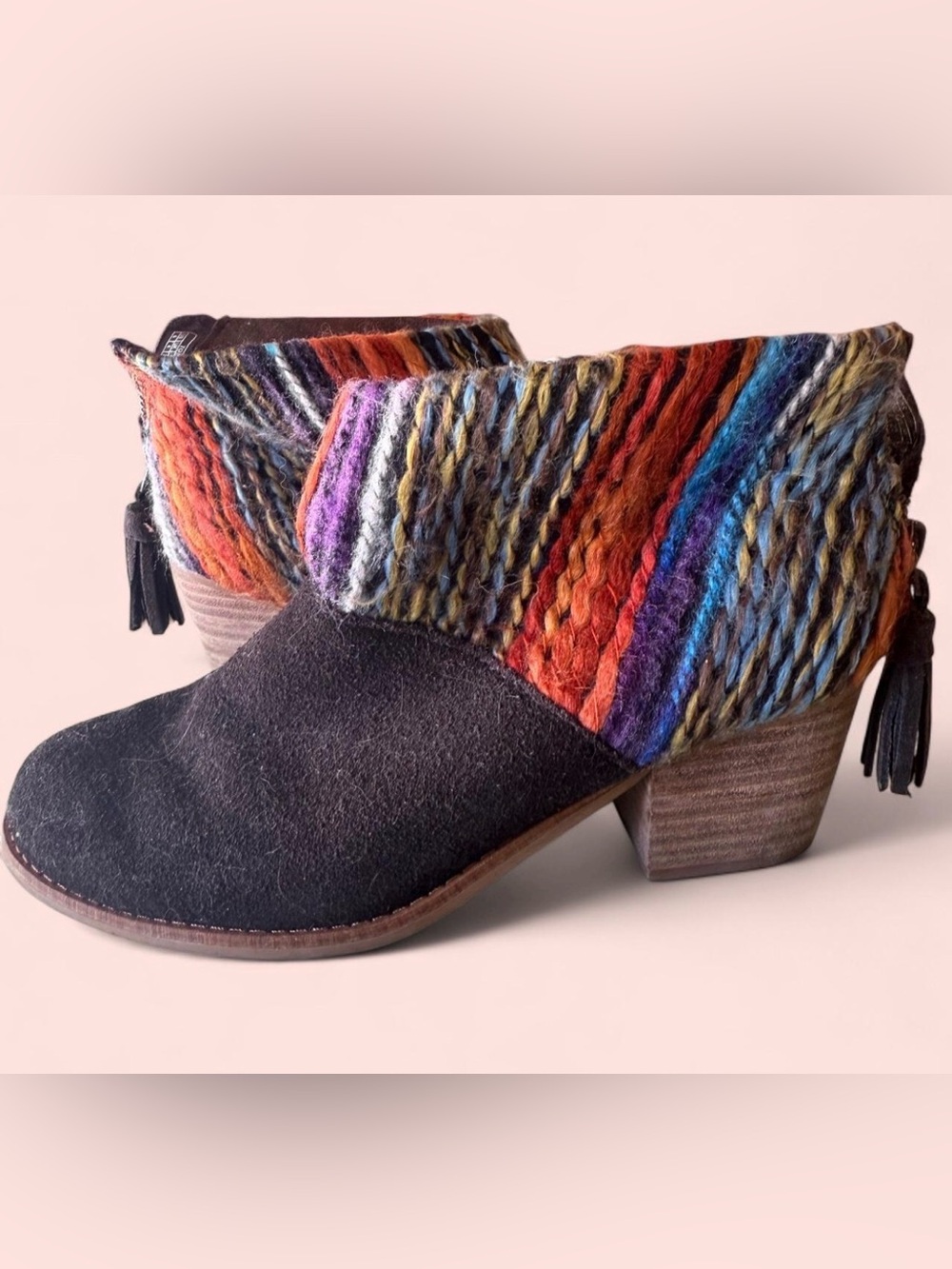Women’s Black Suede Tom’s Ankle Booties with Multicolor Knit Cuff 🍁
